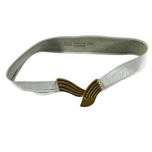 Vintage Liz Claiborne White Leather Waist Belt Gold Wave Buckle Size Small USA